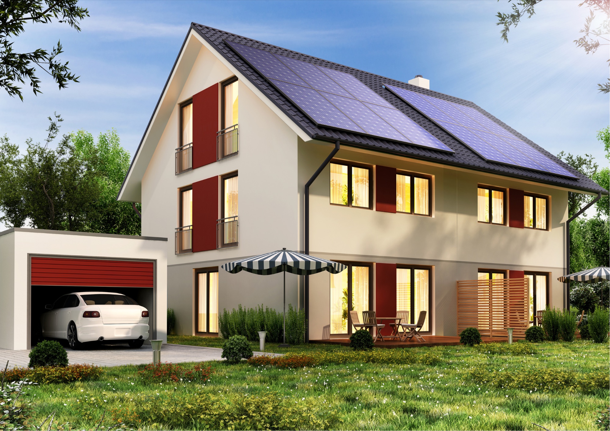 Modern two-story Danville, CA home with rooftop solar panels and an attached garage, wired by Golden Electrical