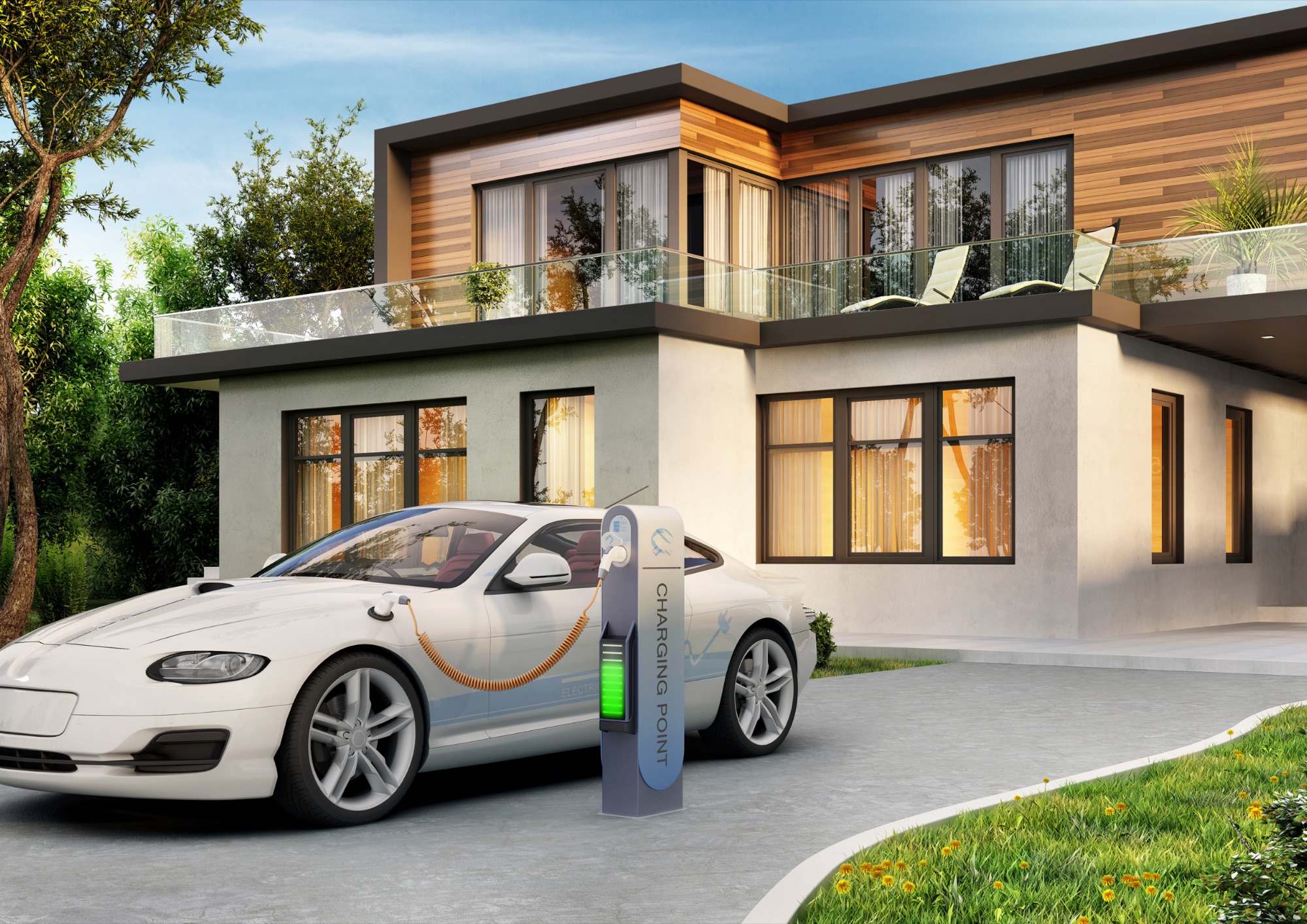Electric vehicle charging at a Level 2 charging station outside a modern Dublin, CA home